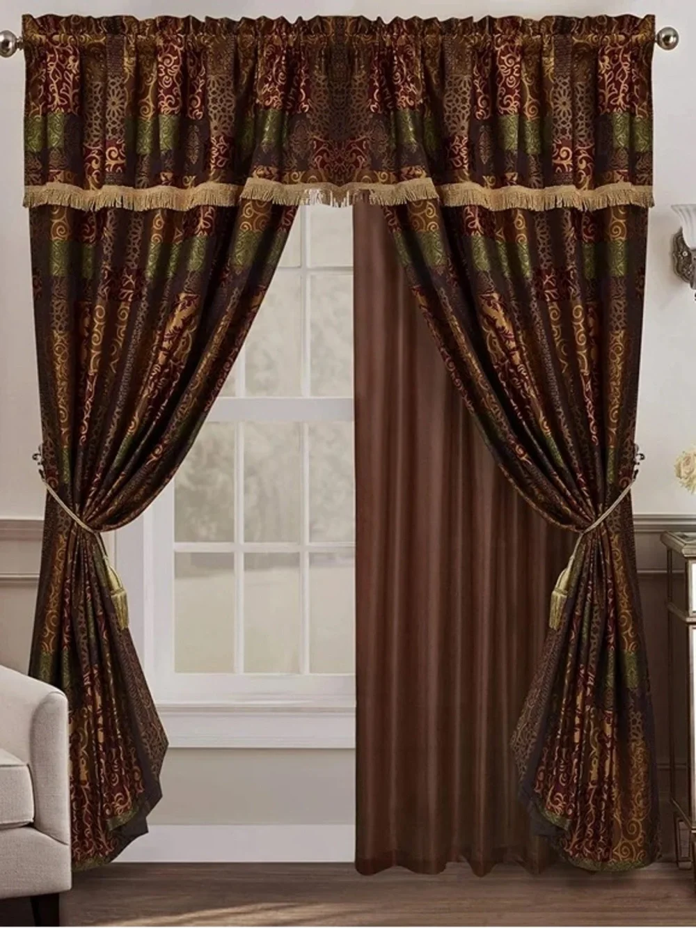 Elegant Brown Jacquard Window Curtain Set with Gold Trim set